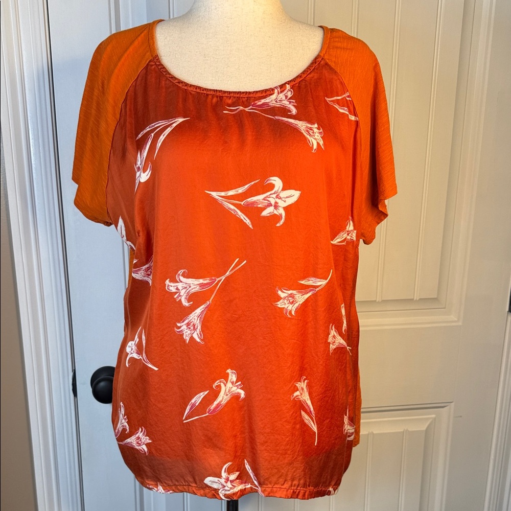 Lucky Brand women’s orange scoop neck short sleeve blouse Sz 2X (Runs Small)